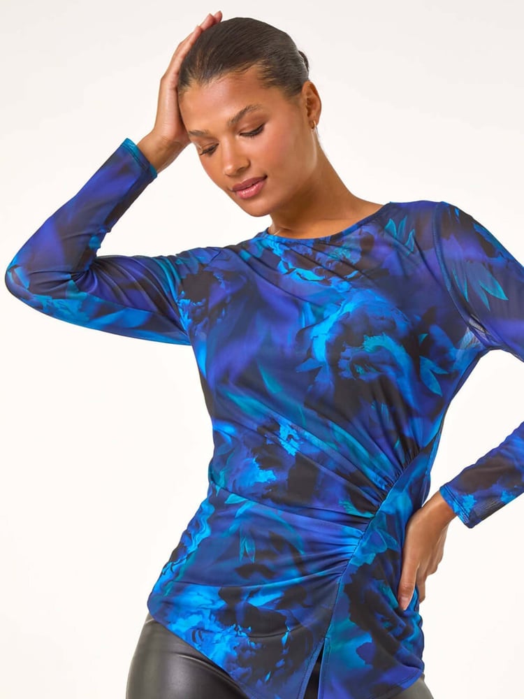 Roman Blue Blurred Print Ruched Stretch Mesh Top - Image 1 of 6