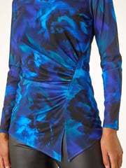Roman Blue Blurred Print Ruched Stretch Mesh Top - Image 6 of 6