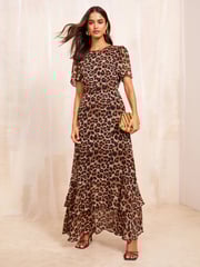 Friends Like These Brown Petite Short Sleeve Chiffon Tiered Maxi Dress - Image 1 of 5