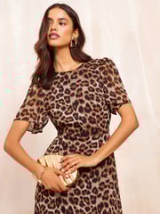 Friends Like These Brown Petite Short Sleeve Chiffon Tiered Maxi Dress - Image 2 of 5