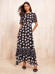 Friends Like These Black/White Petite Short Sleeve Chiffon Tiered Maxi Dress - Image 4 of 4