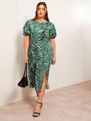 Friends Like These Green Curve Leopard Print Ruched Puff Sleeve Front Split Midi Dress - Image 1 of 4