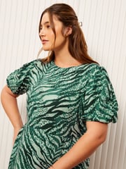 Friends Like These Green Curve Leopard Print Ruched Puff Sleeve Front Split Midi Dress - Image 2 of 4