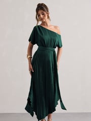 Club L London Green India Satin Asymmetric Plisse Maxi Dress - Image 1 of 5