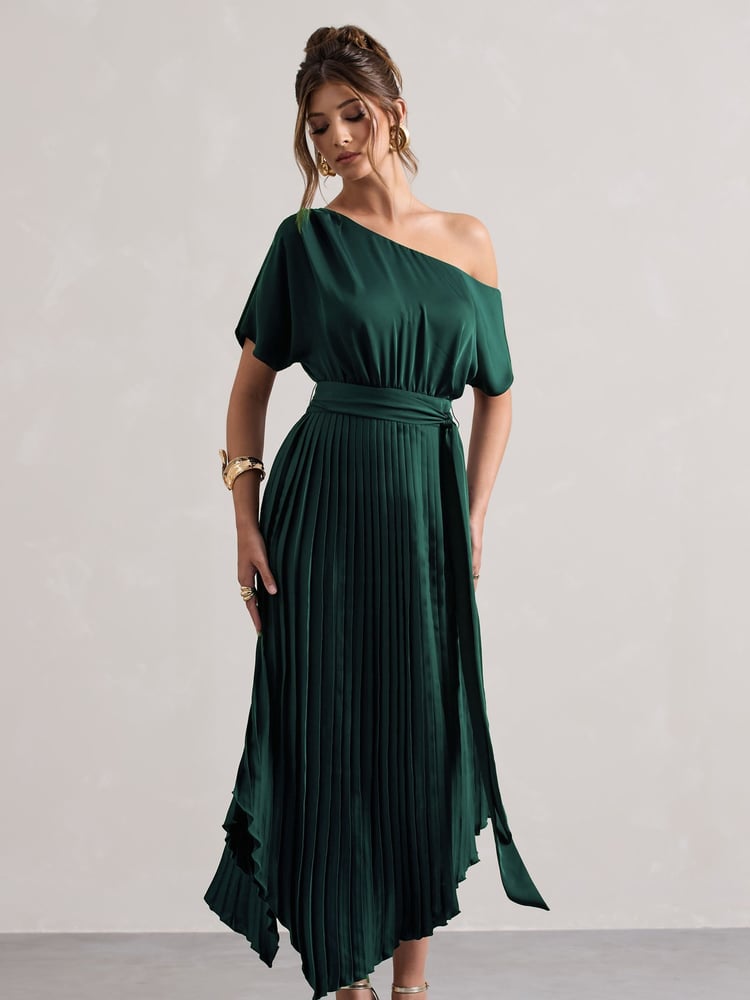 Club L London Green India Satin Asymmetric Plisse Maxi Dress - Image 1 of 5