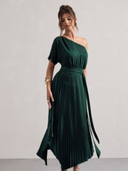 Club L London Green India Satin Asymmetric Plisse Maxi Dress - Image 2 of 5