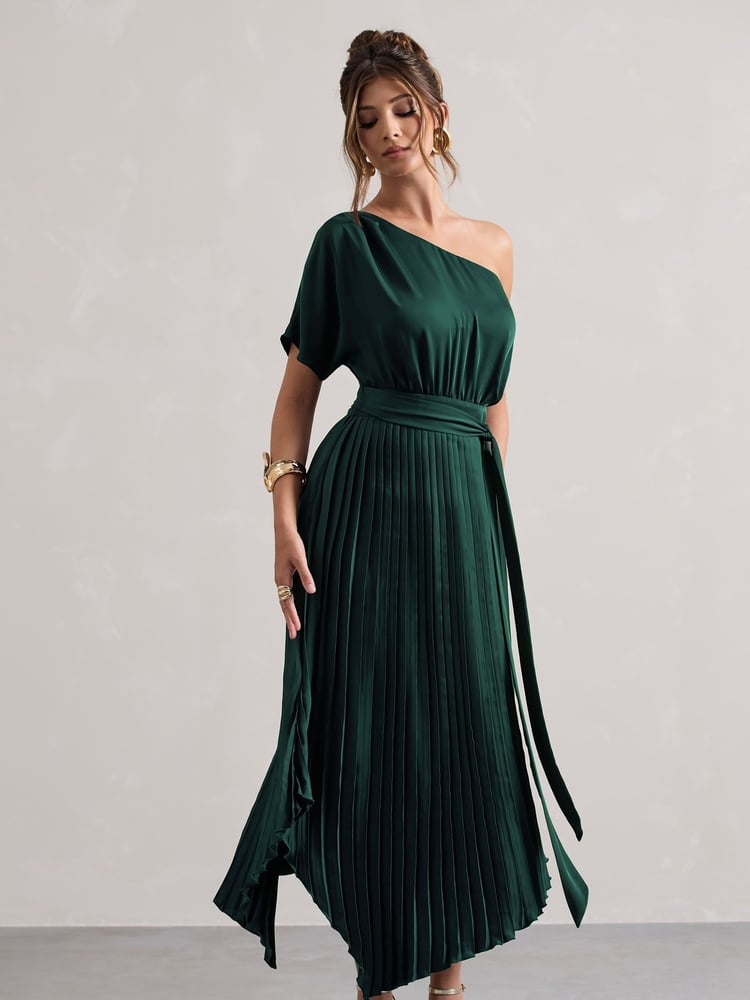Club L London Green India Satin Asymmetric Plisse Maxi Dress - Image 2 of 5