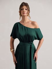 Club L London Green India Satin Asymmetric Plisse Maxi Dress - Image 3 of 5