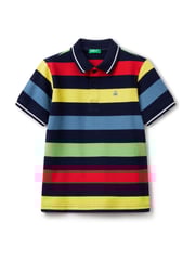 Benetton Boys Pique Stripe 100% Cotton Polo Shirt - Image 1 of 3
