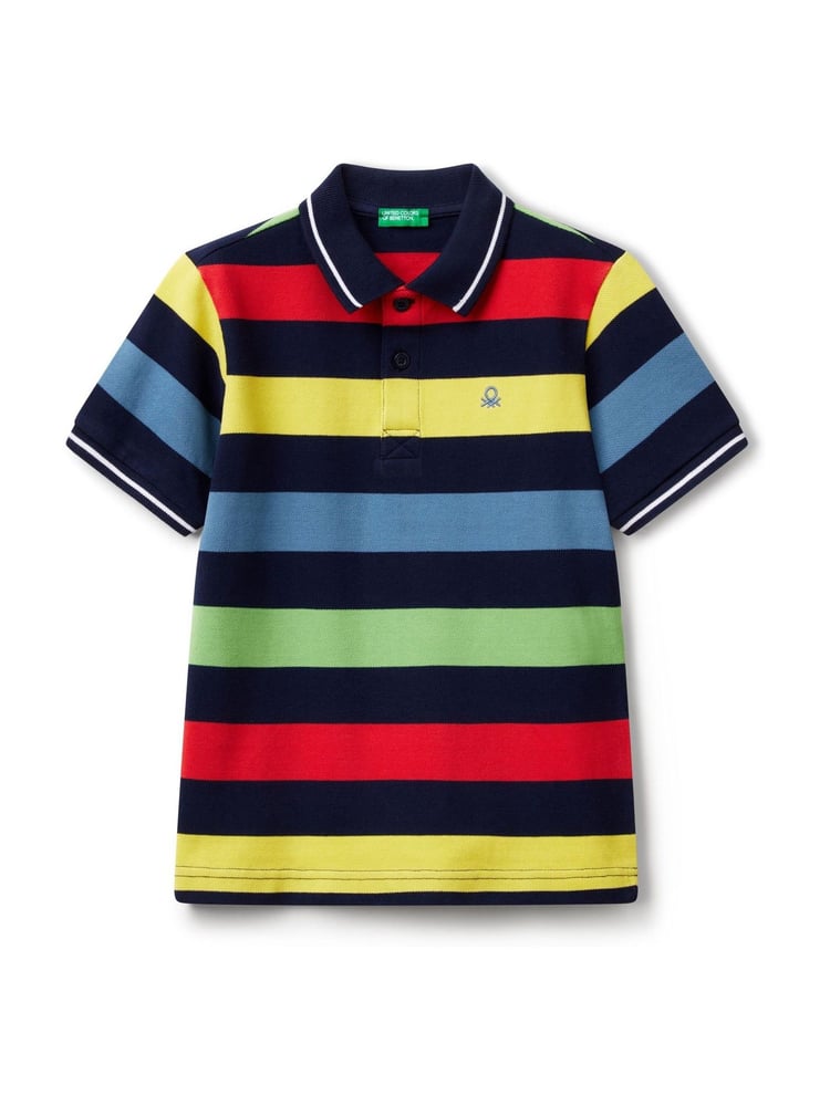 Benetton Boys Pique Stripe 100% Cotton Polo Shirt - Image 1 of 3