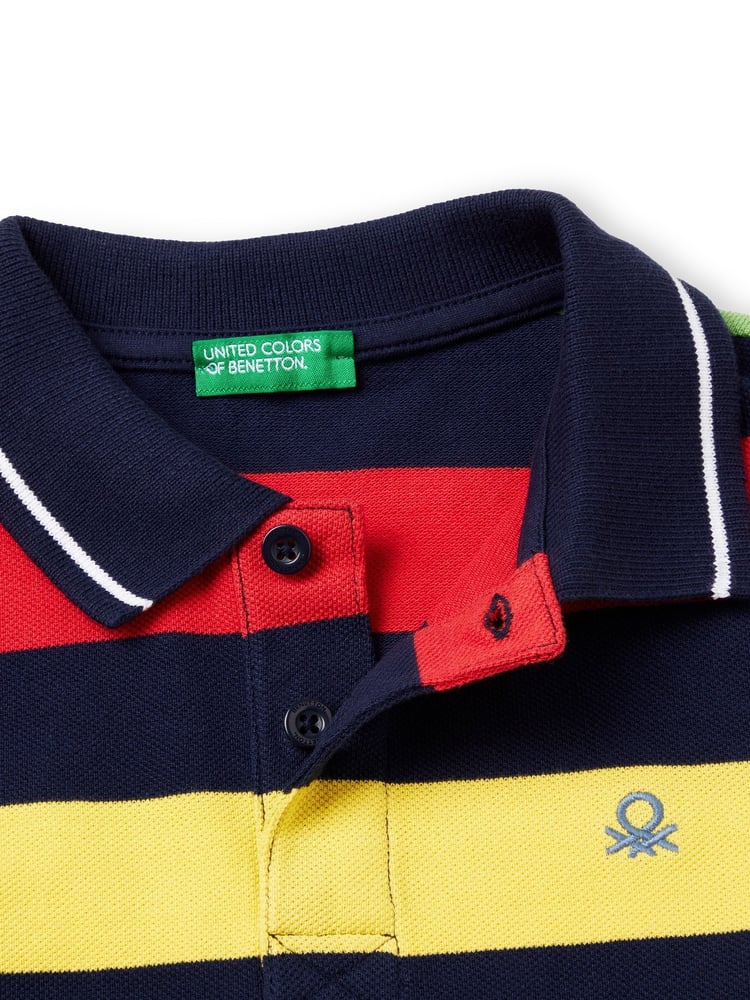 Benetton Boys Pique Stripe 100% Cotton Polo Shirt - Image 3 of 3 Benetton Boys Pique Stripe 100% Cotton Polo Shirt - Image 3 of 3