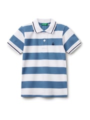 Benetton Younger Boys Blue Striped 100% Cotton Polo Shirt - Image 1 of 3
