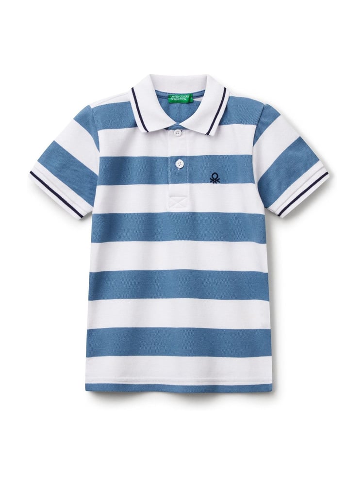 Benetton Younger Boys Blue Striped 100% Cotton Polo Shirt - Image 1 of 3 Benetton Younger Boys Blue Striped 100% Cotton Polo Shirt - Image 1 of 3