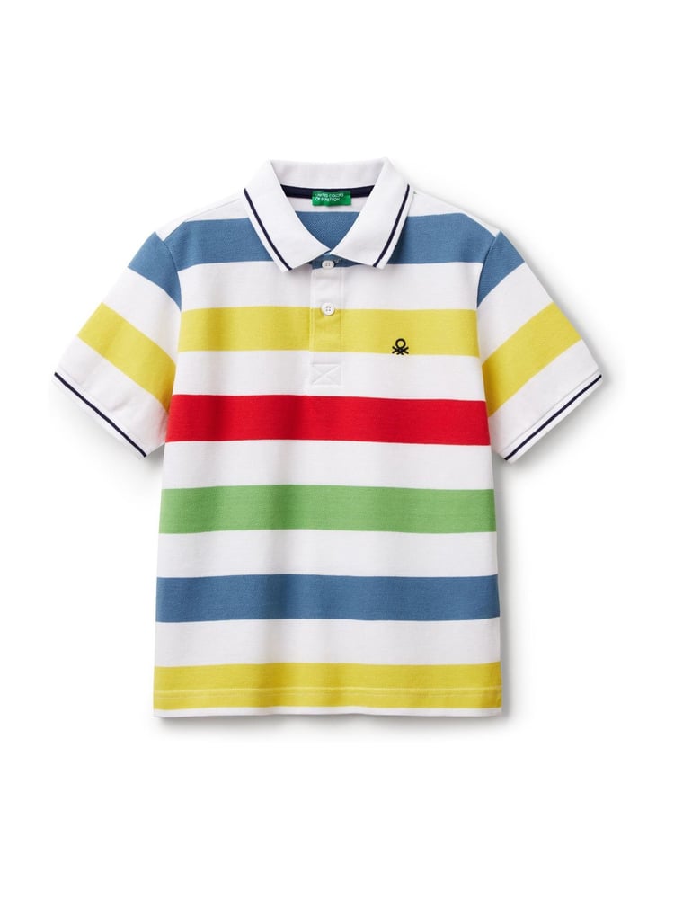 Benetton Boys Pique Stripe 100% Cotton Polo Shirt - Image 1 of 3