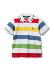 Benetton Younger Boys Blue Striped 100% Cotton Polo Shirt - Image 1 of 3