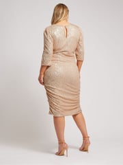 Yours Curve Gold London Sequin Gathered Long Sleeve Dress - Image 3 of 5