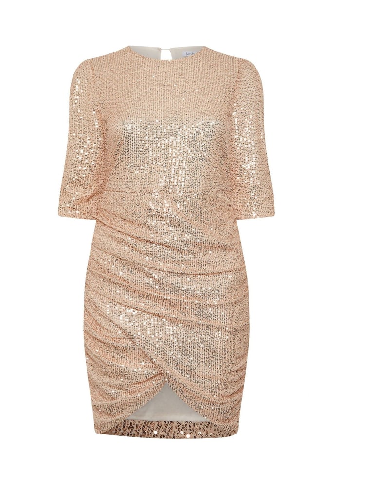 Yours Curve Gold London Sequin Gathered Long Sleeve Dress - Image 5 of 5