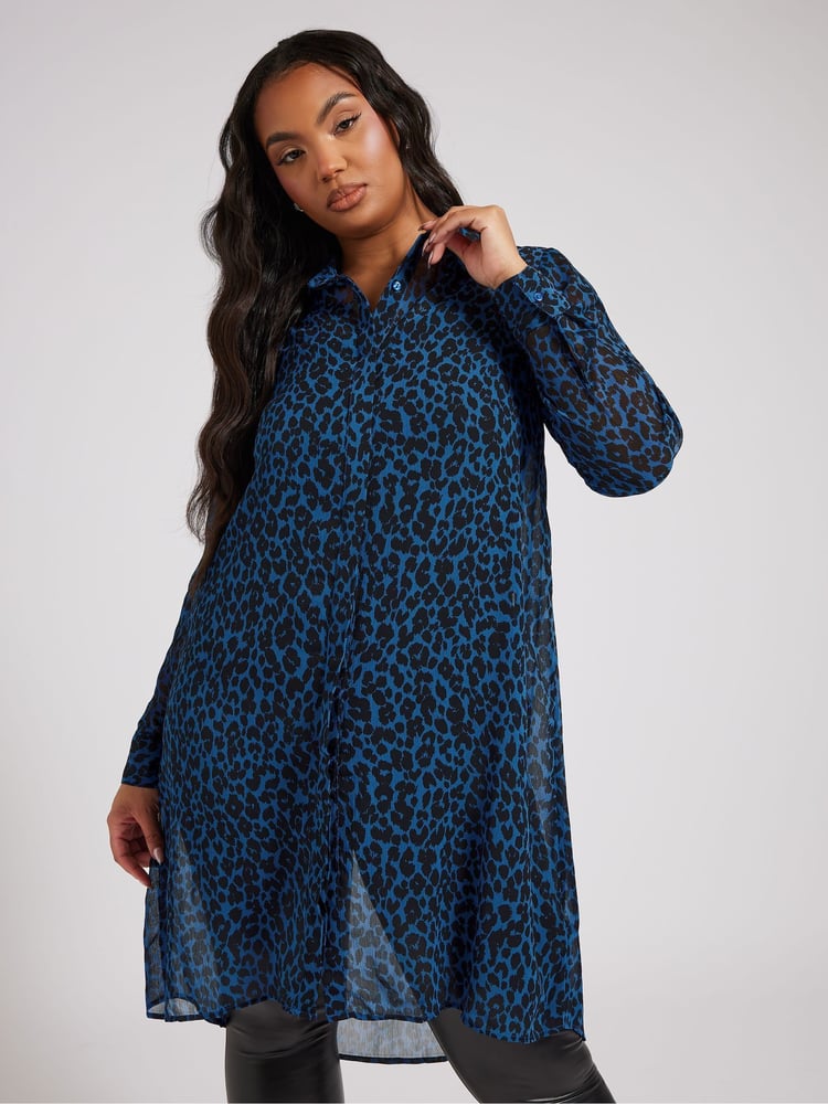 Yours Curve Blue Animal Print Longline Shirt - Image 1 of 5