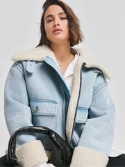 Simply Be Blue Light Wash Denim Aviator Jacket - Image 1 of 4