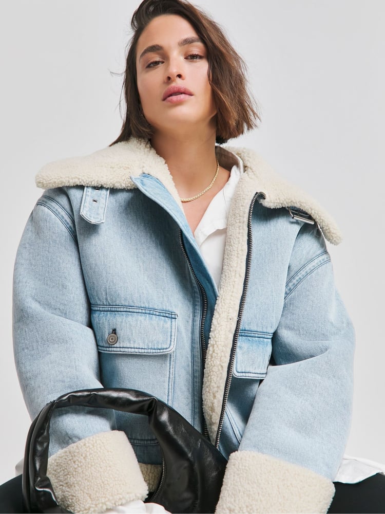 Simply Be Blue Light Wash Denim Aviator Jacket - Image 1 of 4