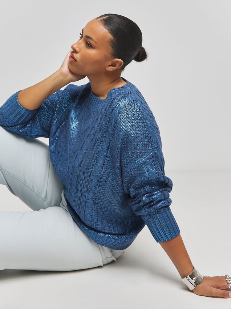 Simply Be Blue Foil Metallic Cable Jumper - Image 1 of 4