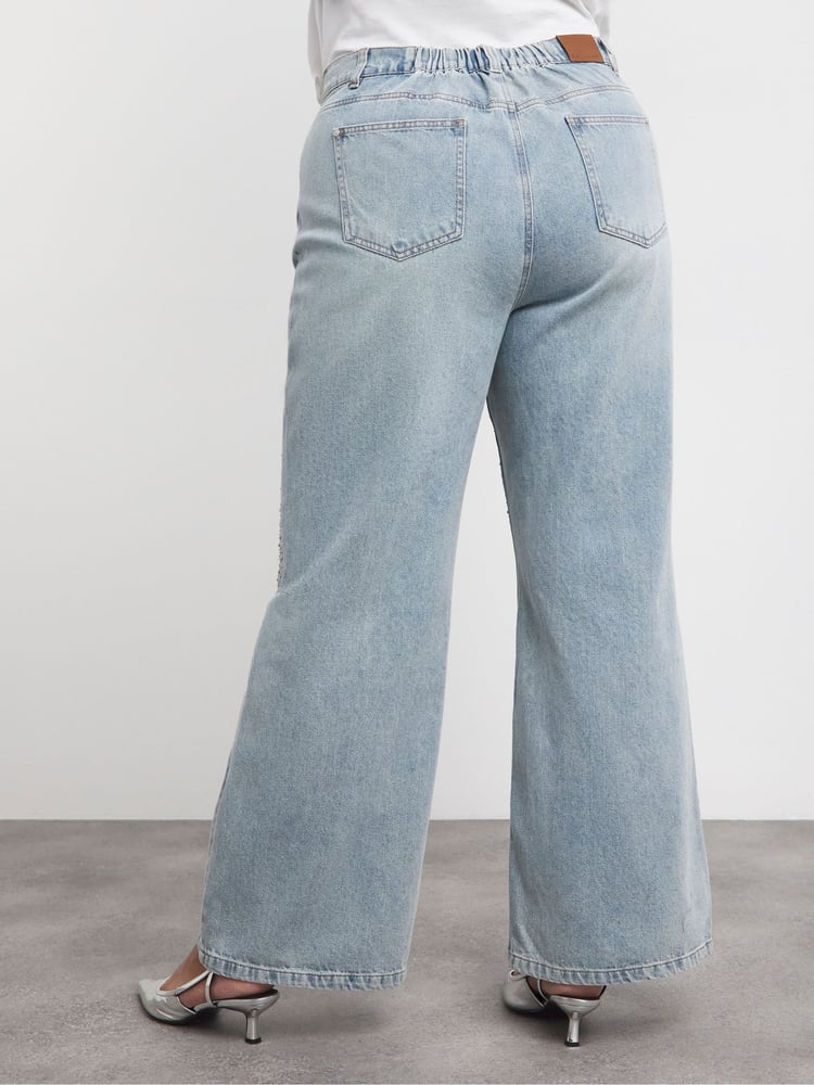 Simply Be Light Wash Blue 100% Cotton Embellished Wide Leg Jeans - Image 2 of 4