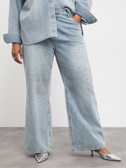 Simply Be Light Wash Blue 100% Cotton Embellished Wide Leg Jeans - Image 4 of 4