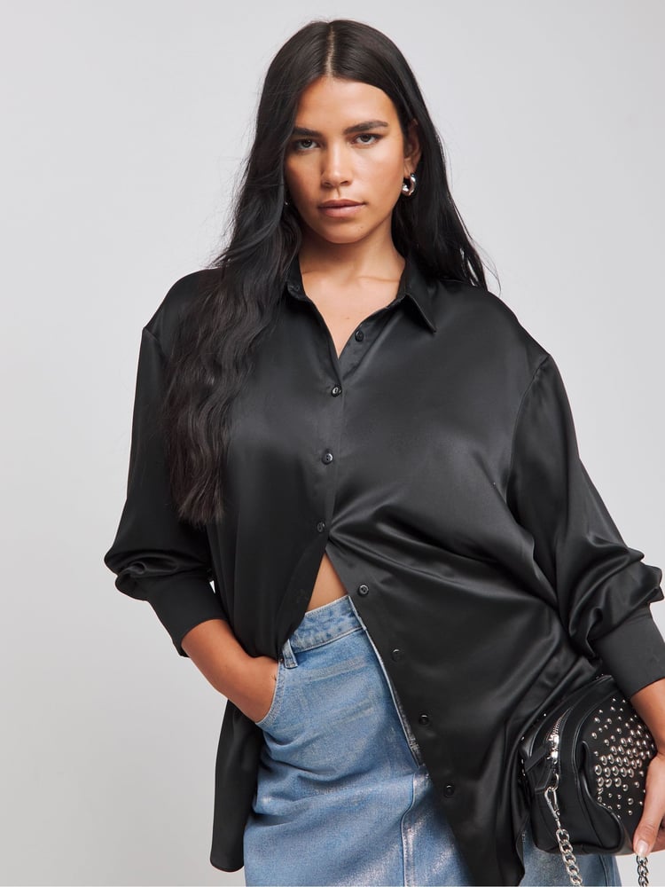 Simply Be Black Satin Shirt - Image 1 of 4 Simply Be Black Satin Shirt - Image 1 of 4