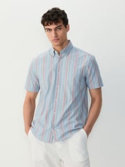 Petrol Blue/Red Short Sleeve With Button Down Collar Stripe Easy Iron Oxford Shirt - Image 1 of 6