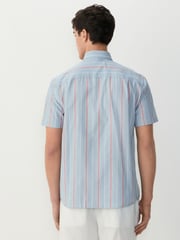 Petrol Blue/Red Short Sleeve With Button Down Collar Stripe Easy Iron Oxford Shirt - Image 2 of 6