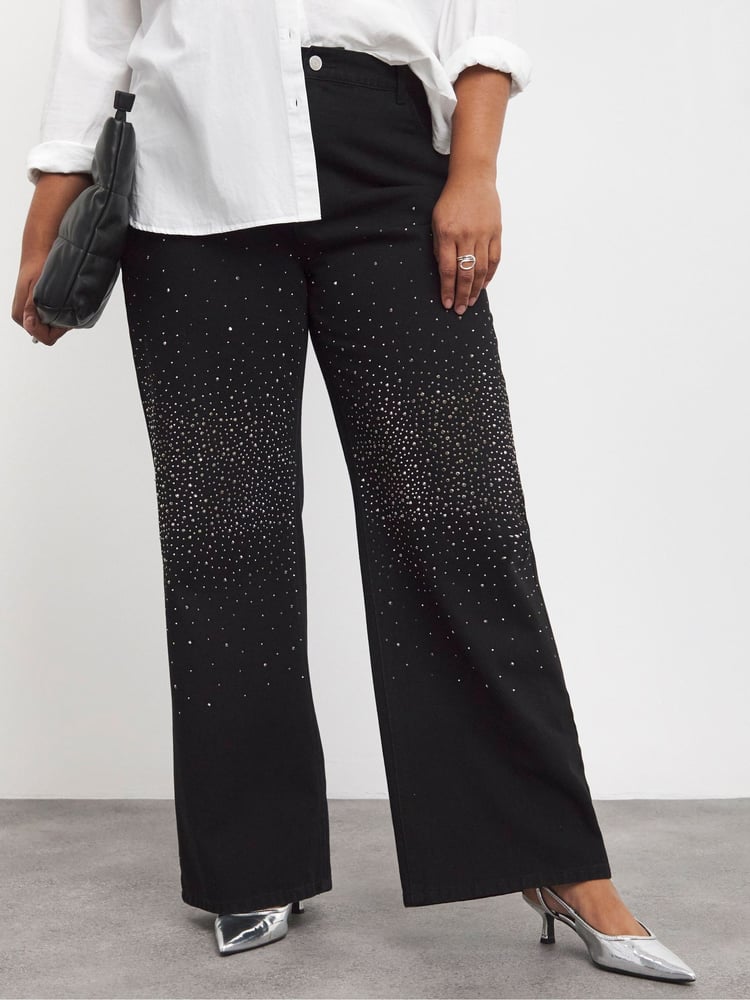 Simply Be Black 100% Cotton Embellished Wide Leg Jeans - Image 4 of 4