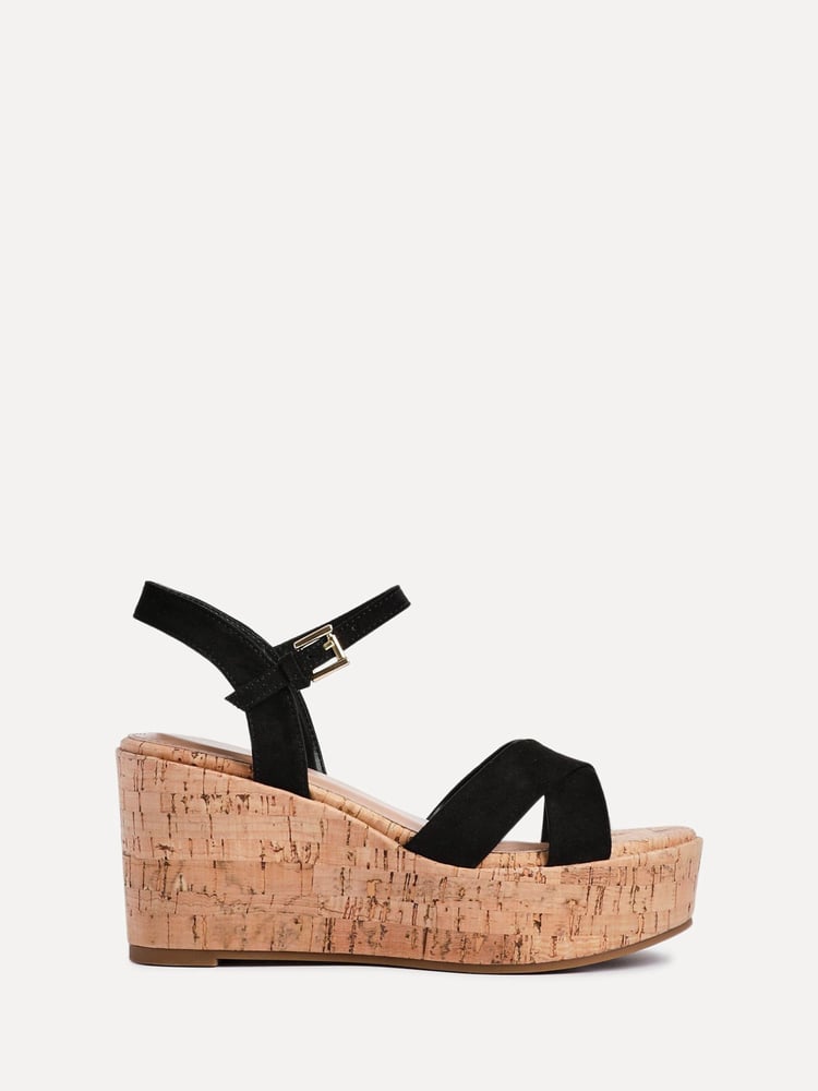 Linzi Black Vivid Cork Wedge Sandals With Crossover Straps - Image 2 of 5