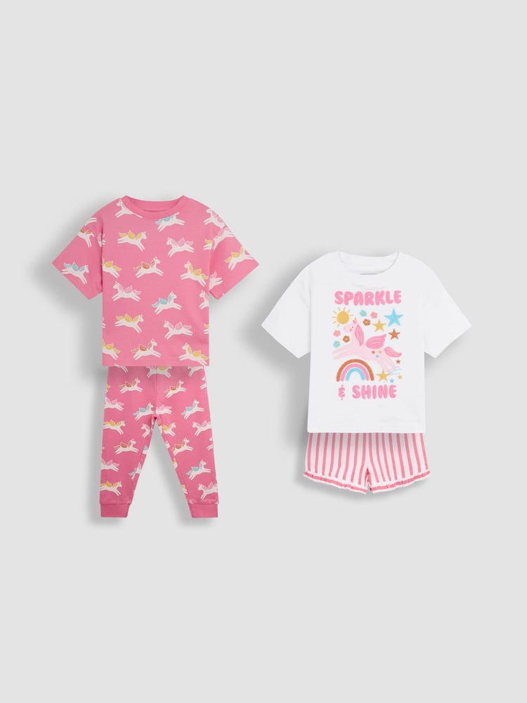 JoJo Maman Bébé Pink 100% Cotton Print Jersey Pyjamas 2 Pack - Image 1 of 4