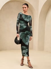 Lipsy Green Floral Mesh Ruched Detail Midi Dress - Image 1 of 4