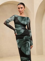 Lipsy Green Floral Mesh Ruched Detail Midi Dress - Image 2 of 4