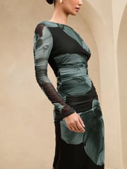 Lipsy Green Floral Mesh Ruched Detail Midi Dress - Image 3 of 4
