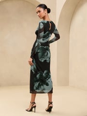 Lipsy Green Floral Mesh Ruched Detail Midi Dress - Image 4 of 4