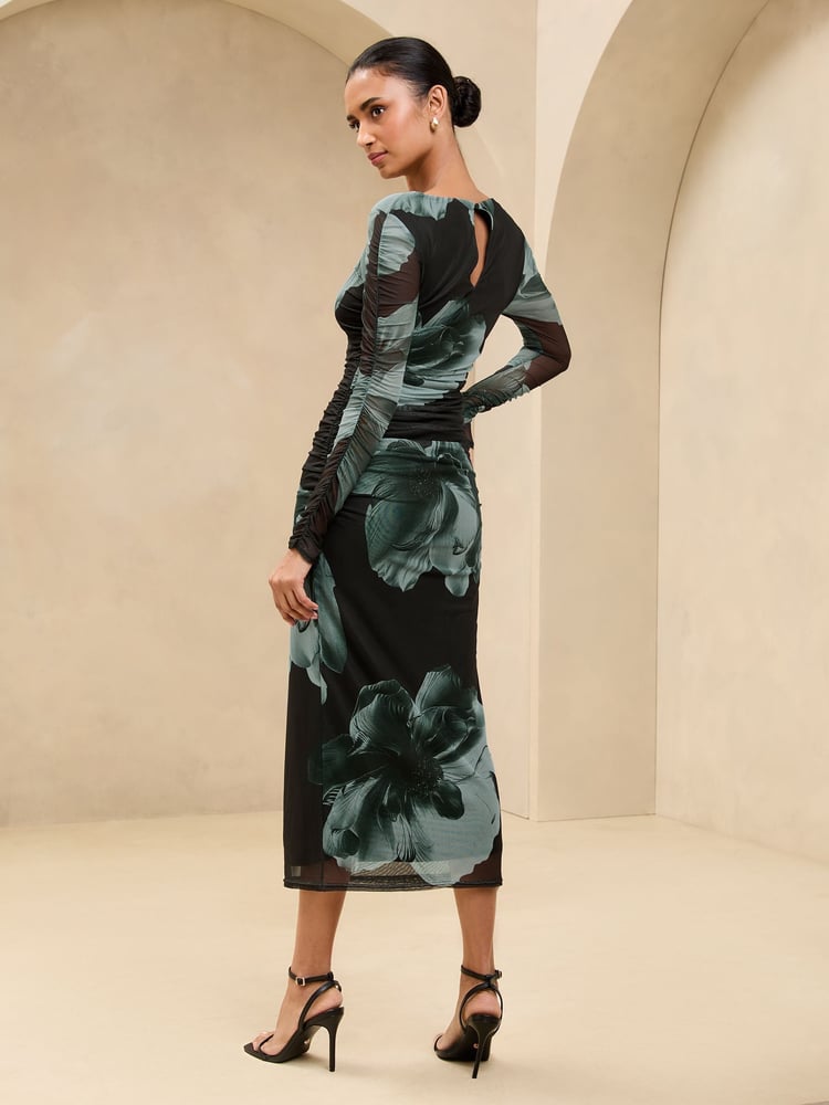 Lipsy Green Floral Mesh Ruched Detail Midi Dress - Image 4 of 4