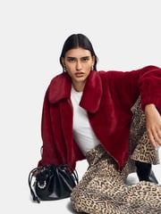 PIECES Burgundy Faux Fur Teddy Bomber Jacket - Image 2 of 2