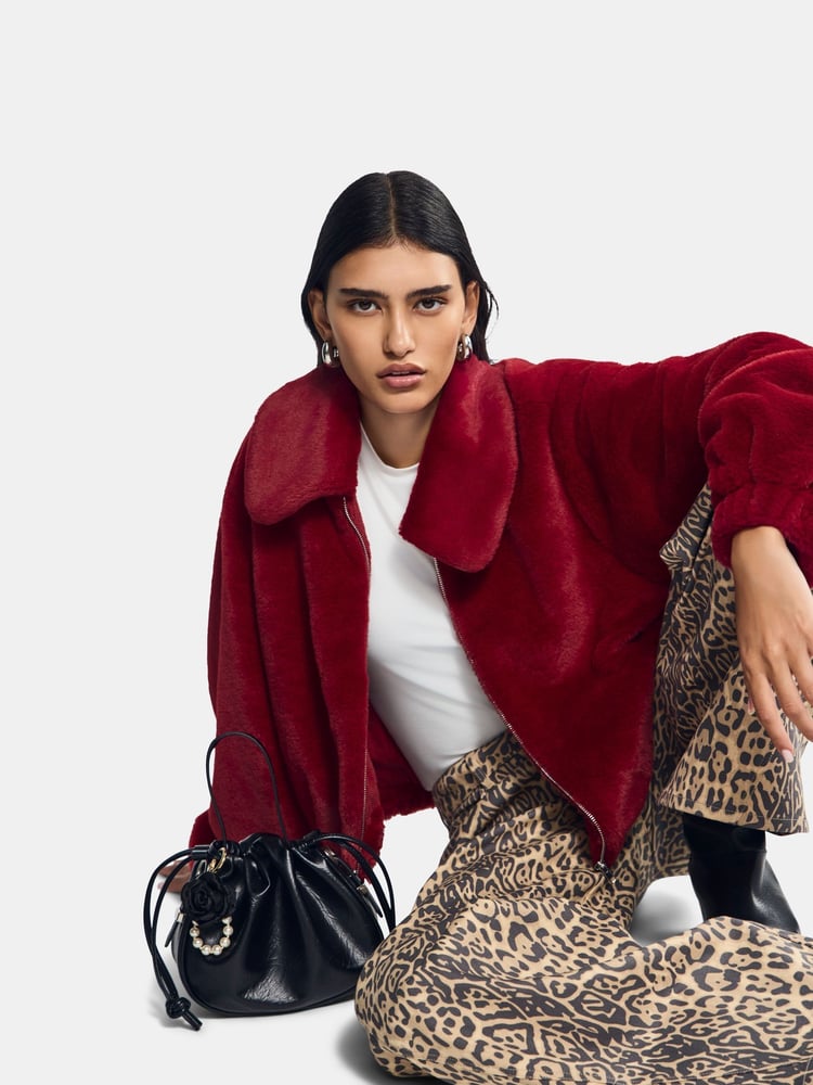 PIECES Burgundy Faux Fur Teddy Bomber Jacket - Image 2 of 2