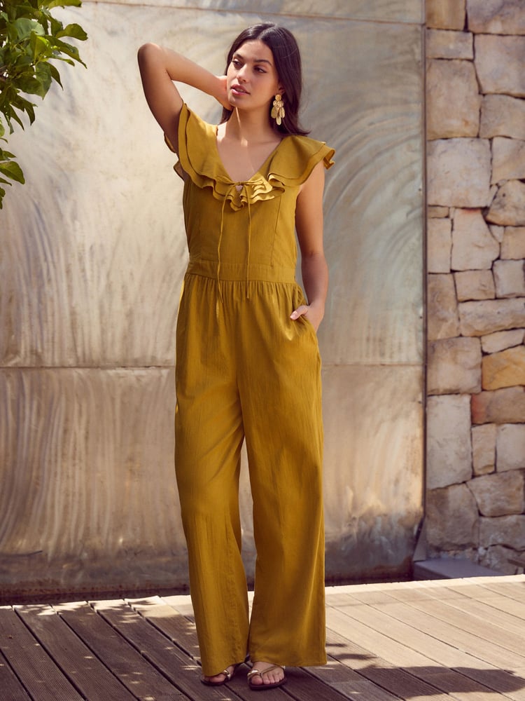 Ochre Yellow Ruffled Tie Back Wide Leg Boho 100% Cotton Jumpsuit - Image 1 of 8