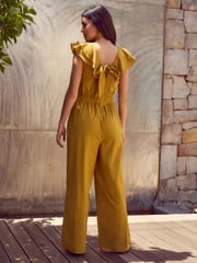 Ochre Yellow Ruffled Tie Back Wide Leg Boho 100% Cotton Jumpsuit - Image 3 of 8