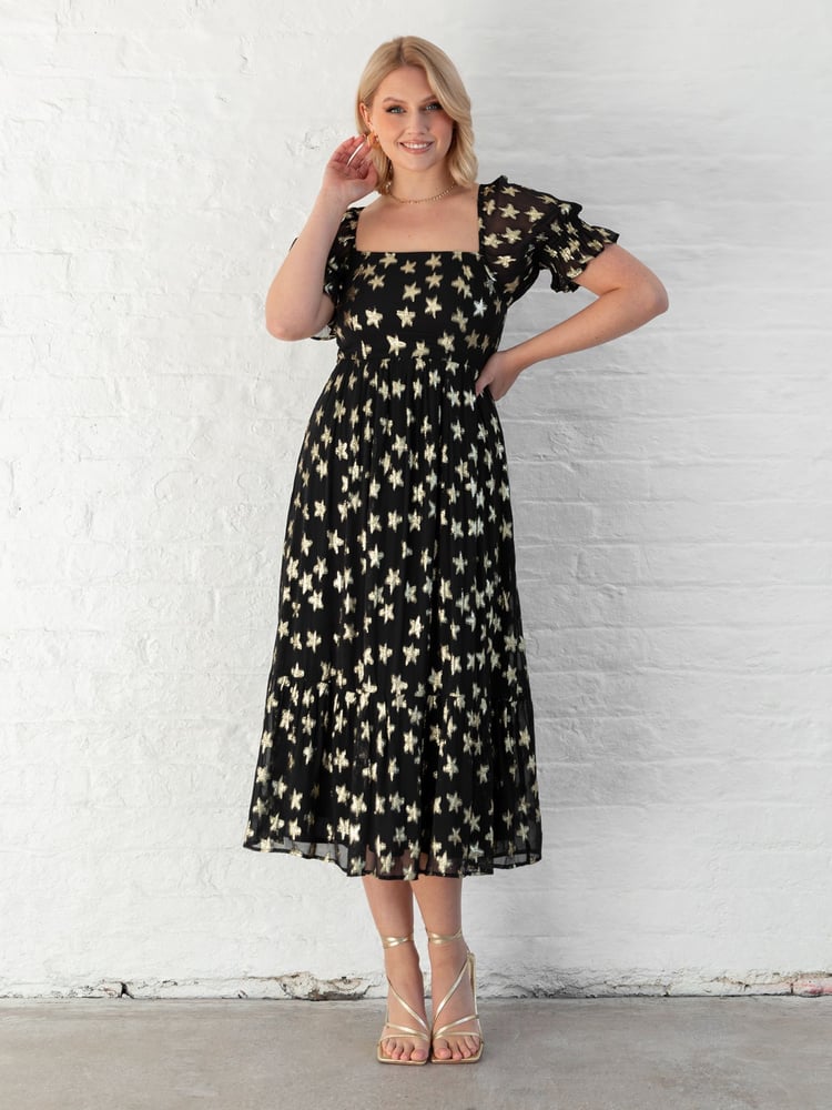 Lovedrobe Star Detail Puff Sleeve Midi Black Dress - Image 1 of 6