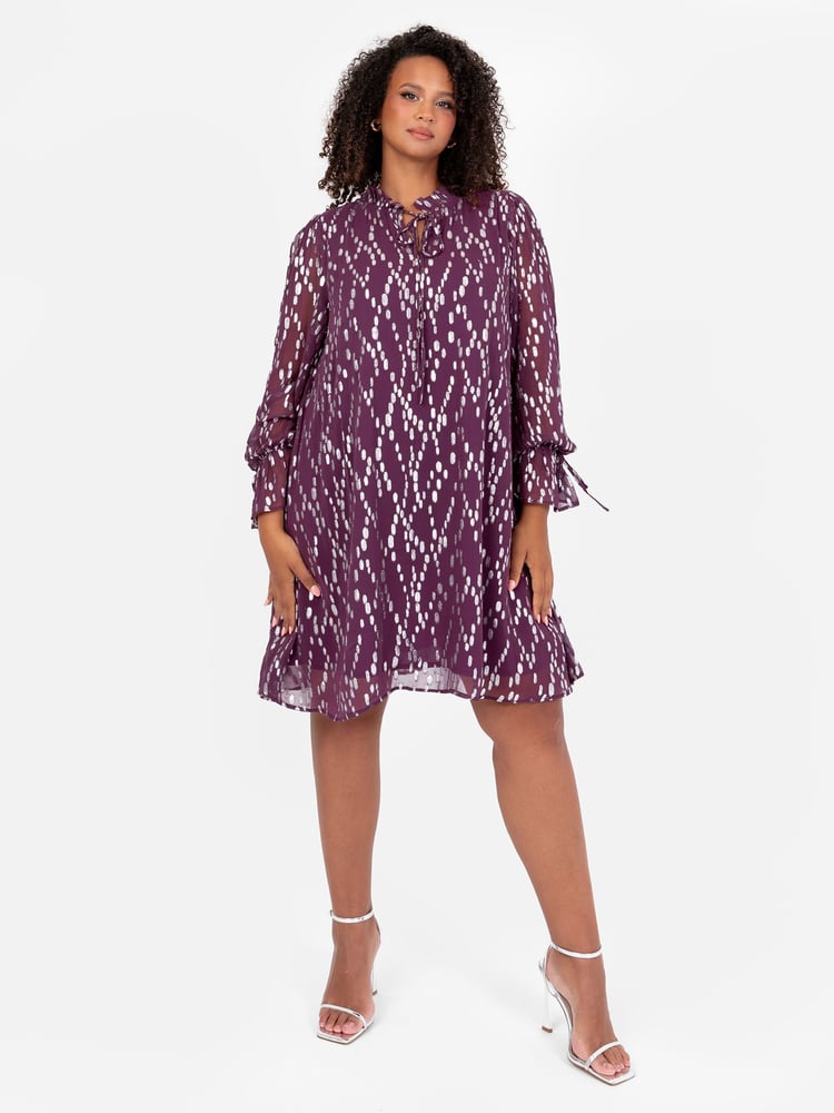Lovedrobe Purple Metallic Dobby Frill Neck Swing Dress - Image 5 of 5