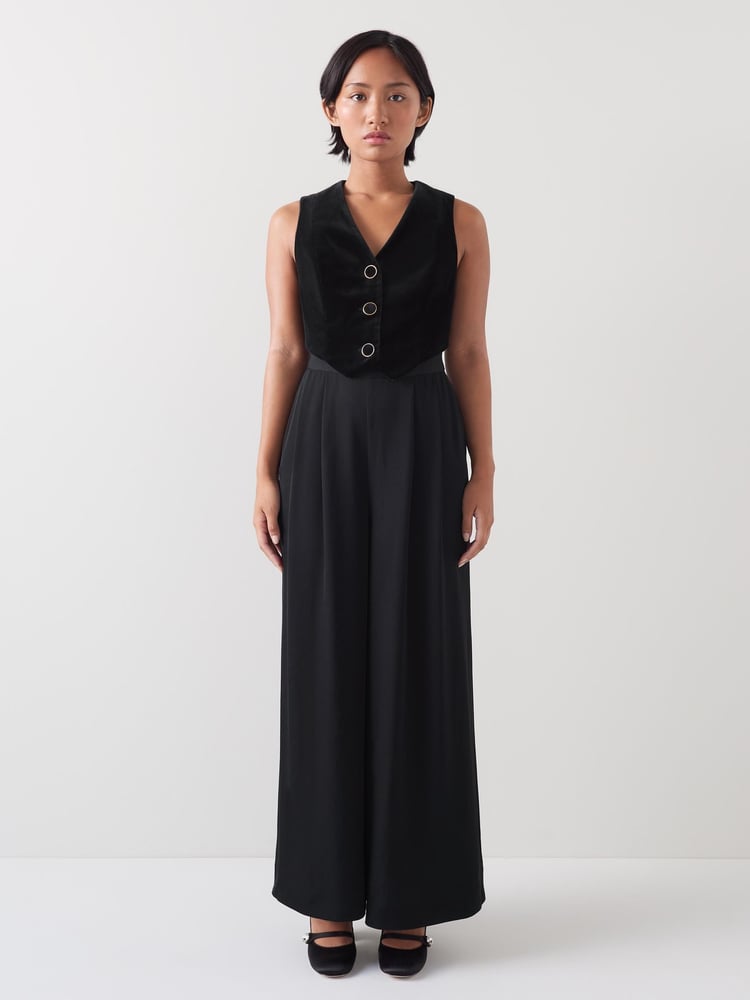 LK Bennett Black Carine Petite Waistcoat Culotte 100% Cotton Jumpsuit - Image 1 of 5