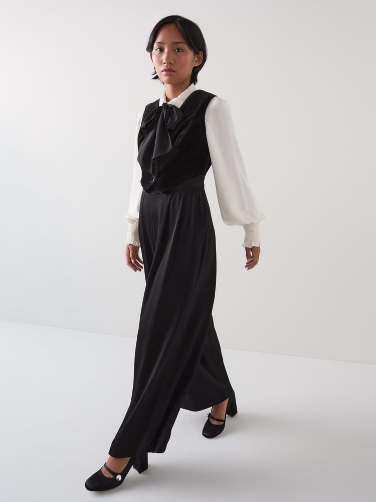 LK Bennett Black Carine Petite Waistcoat Culotte 100% Cotton Jumpsuit - Image 2 of 5