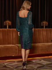 Sosandar Green Metallic Plisse Faux Wrap Midi Dress - Image 3 of 5
