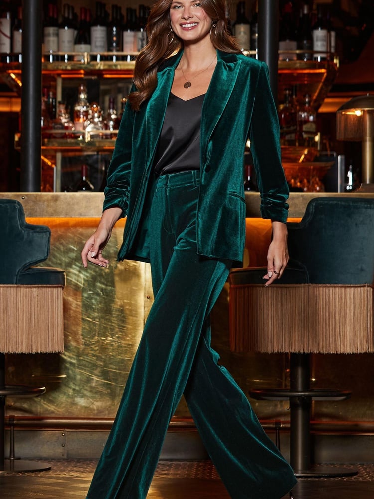 Sosandar Green Petite Luxe Velvet Wide Leg Trousers - Image 5 of 5