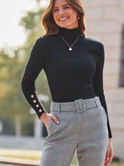 Sosandar Black Roll Neck Jumper With Gold Button Detail - Image 1 of 5