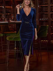 Sosandar Blue Velvet Sparkle Wrap Front Dress - Image 1 of 5